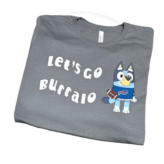 Blue Dog Buffalo Football Tshirts. Adult sizes. Stone gray short sleeve unisex tshirt with Let's Go Buffalo on front and blue dog in jersey.- Little Gift Nook
