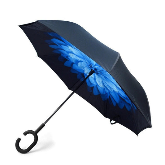 Blue Flower Double Layer Inverted Umbrella. Folds up to keep water off you when closing. Navy with blue floral inside. Double layered, fast dry. - Little Gift Nook
