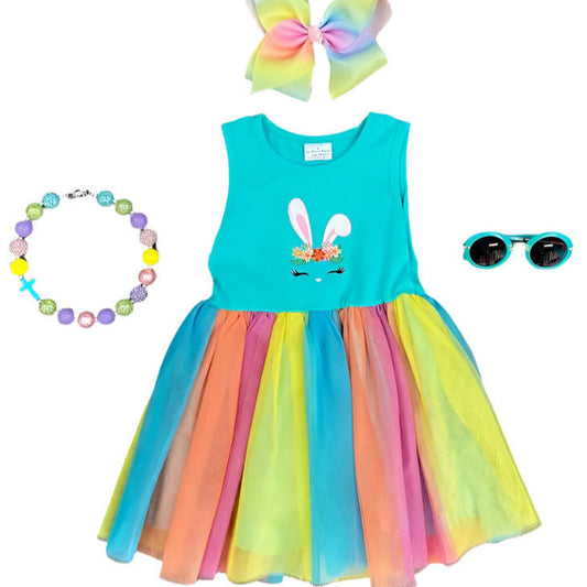 Bunny Ears Rainbow Tutu Dress. Teal bodice dress with bunny face on front and  bright tulle skirted dress with liner. Stretchy.- Little Gift Nook 
