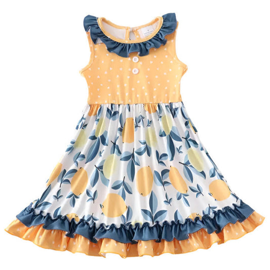 Citrus & Sunshine Lemons Ruffle Twirl Dresses. Yellow sleeveless lemon print twirl dress with navy ruffle accents.- Little Gift Nook