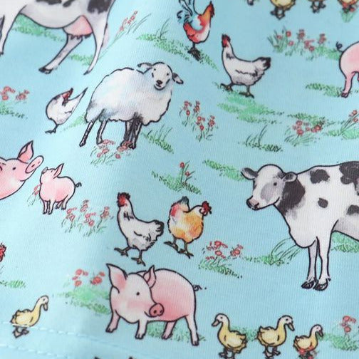 On the Farm Blue Pink Gingham Collar Pocket Dress. Baby blue dress. Farm theme animals. Cows, pigs, chickens. - Little Gift Nook
