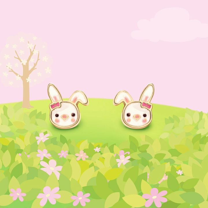 Bouncy Bunny Lead Free Pierced Earrings. Post earrings with little white bunny faces with pink bow on one ear.  Easter earrings.  Little Gift Nook.