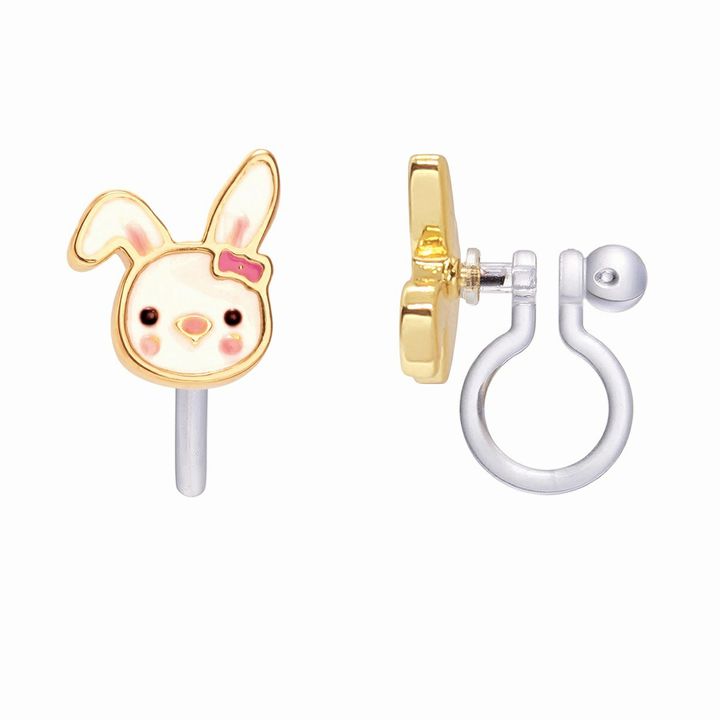 Bouncy Bunny Lead Free CLIP ON Earrings. white pink bunny faces with hoop silicone clip on backing. - Little Gift Nook