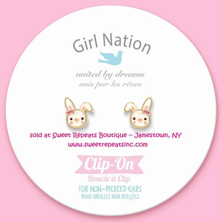 Bouncy Bunny Lead Free CLIP ON Earrings. White and pink bunny faces. No pinch silicone hoop clip on backing. - Little Gift Nook