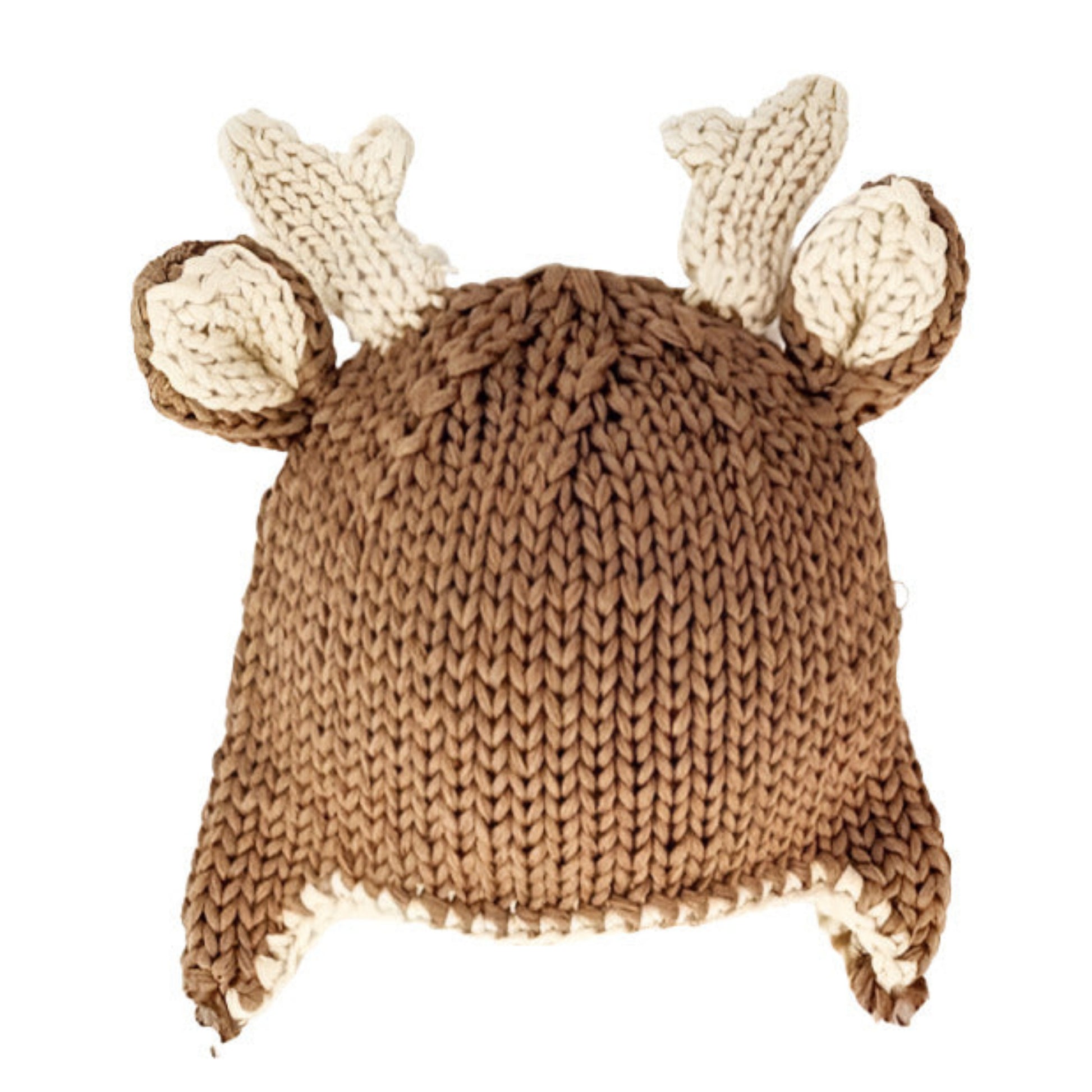 Buck Deer Beanie Knit Baby Hat. Soft yarn and trimmed with adorable antlers and little ear flaps. Cute baby gift. Little Gift Nook.