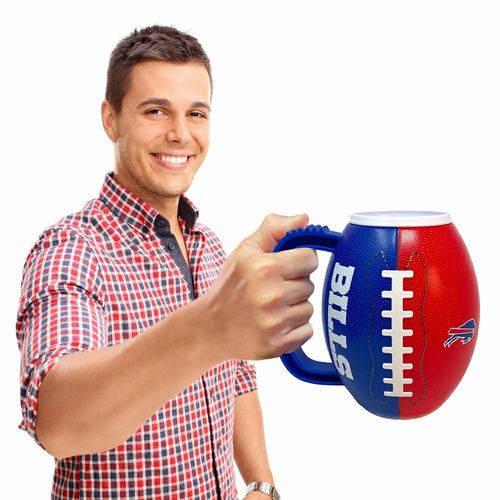 NFL Buffalo Bills Football Mug that holds 24oz. Shaped like football, half red, half royal blue with white stitches and logo.  Great gift idea. - Little Gift Nook