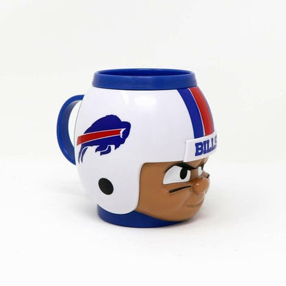 Side view of NFL Buffalo Bills player mug shaped like player head wearing helmet on a white background.