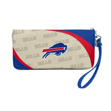 Load image into Gallery viewer, NFL Buffalo Bills Curve Organizer Zip Wallet. Cream bills logo front with red and blue corners. Wristlet handle. Zips open.  - Little Gift Nook