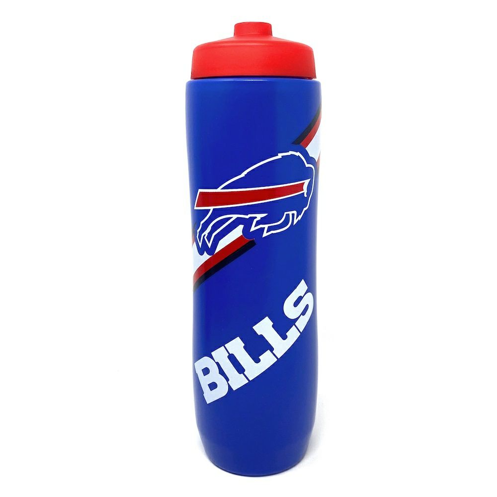 Buffalo Bills Squeezy Water Bottle. 32oz. Royal blue water bottle with red squirt cap that unscrews.  Bills logo on front and BILLS in white lettering. - Little Gift Nook