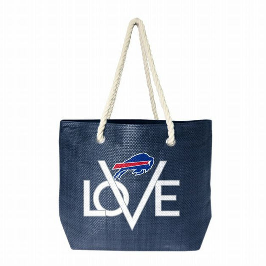 NFL Buffalo Bills Love Tote Bag. Measures 20". Navy woven tote bag with white rope handles. Open top. Says LOVE in large letters on front and Bills logo.- Little Gift Nook