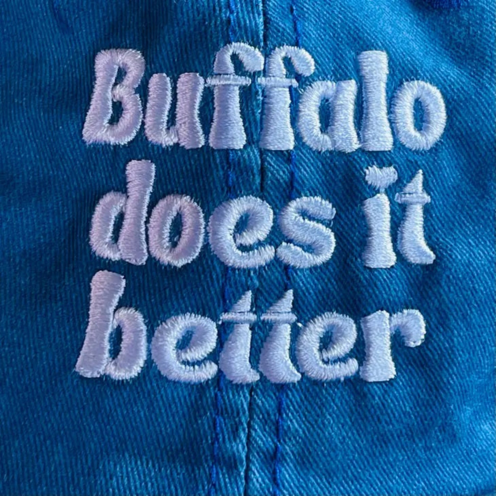 Buffalo does it Better Hat blue close up of embroidered hat.  Little Gift Nook.