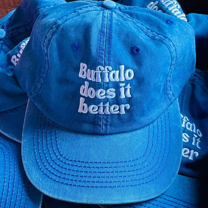 Buffalo does it Better Hat royal blue baseball hat with white lettering. Little Gift Nook.