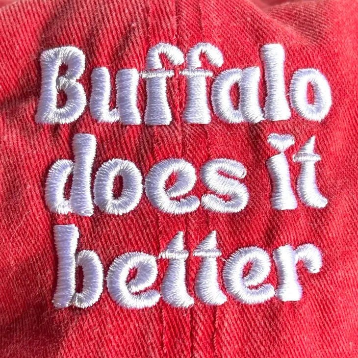 Buffalo does it Better close up of red hat and white embroidered lettering. Little Gift Nook.