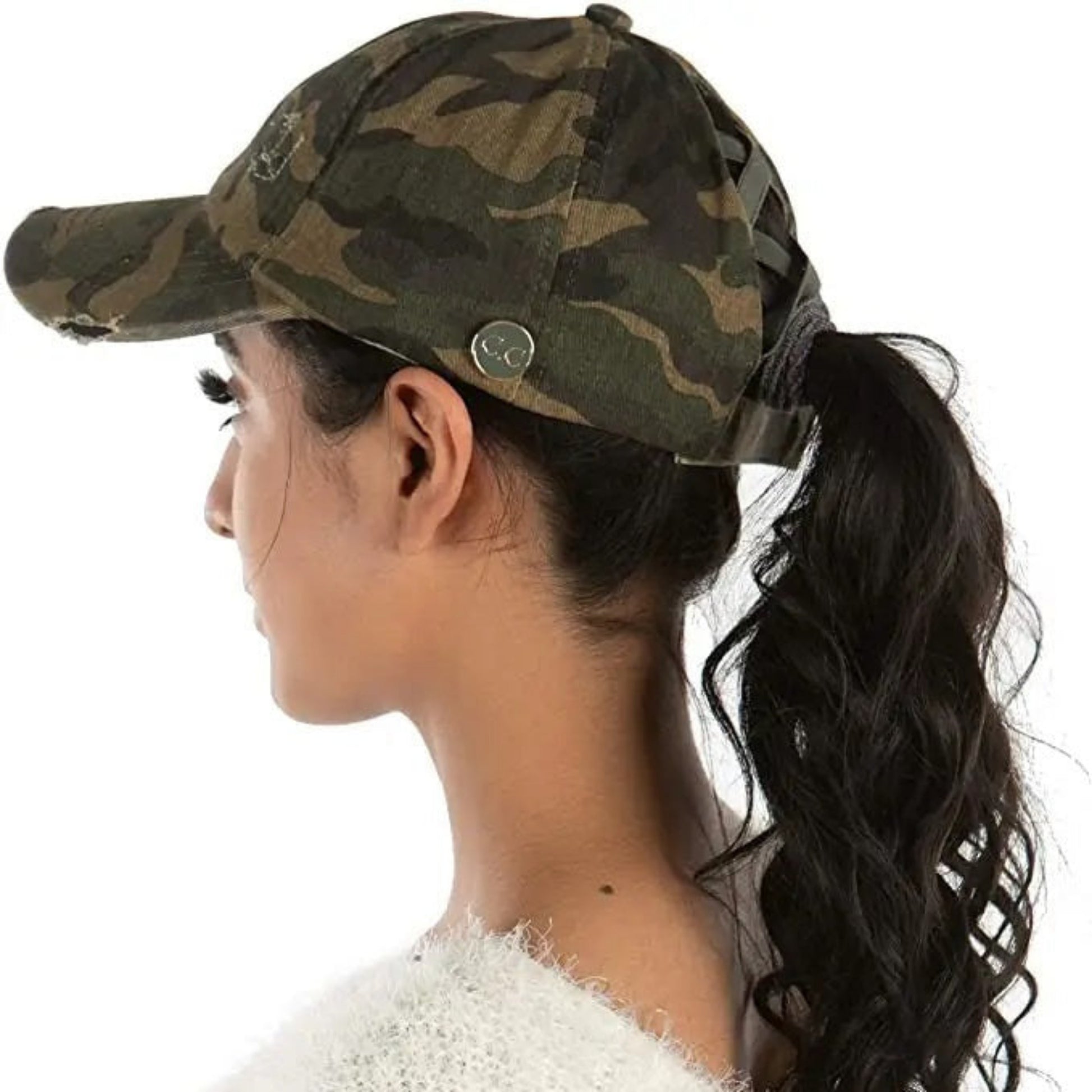 Crisscross High Ponytail Cap Hat with Sunglass Buttons in Camo - Little Gift Nook