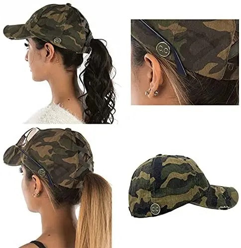 Features of Crisscross High Ponytail Cap Hat with Sunglass Buttons in Camo.  - Little Gift Nook