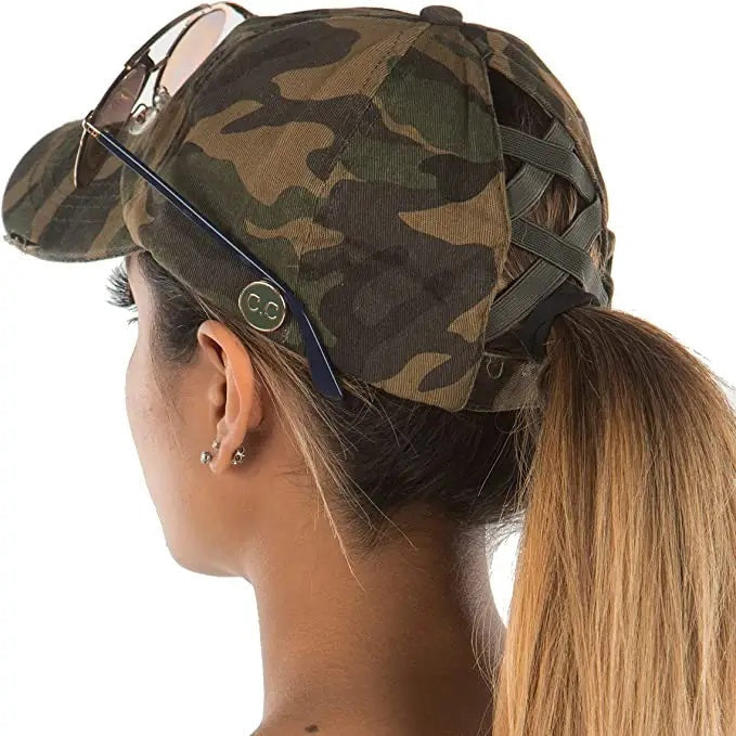 Crisscross High Ponytail Cap Hat with Sunglass Buttons in Camo side back view. - Little Gift Nook