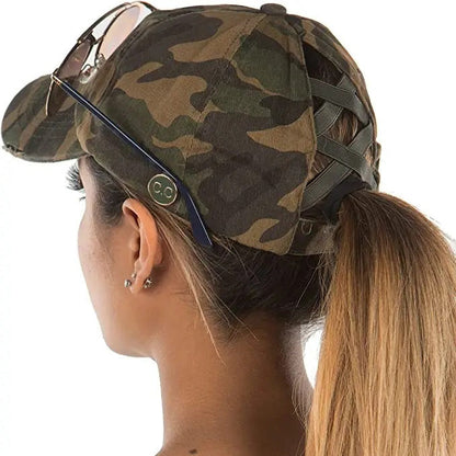 Crisscross High Ponytail Cap Hat with Sunglass Buttons in Camo side back view. - Little Gift Nook