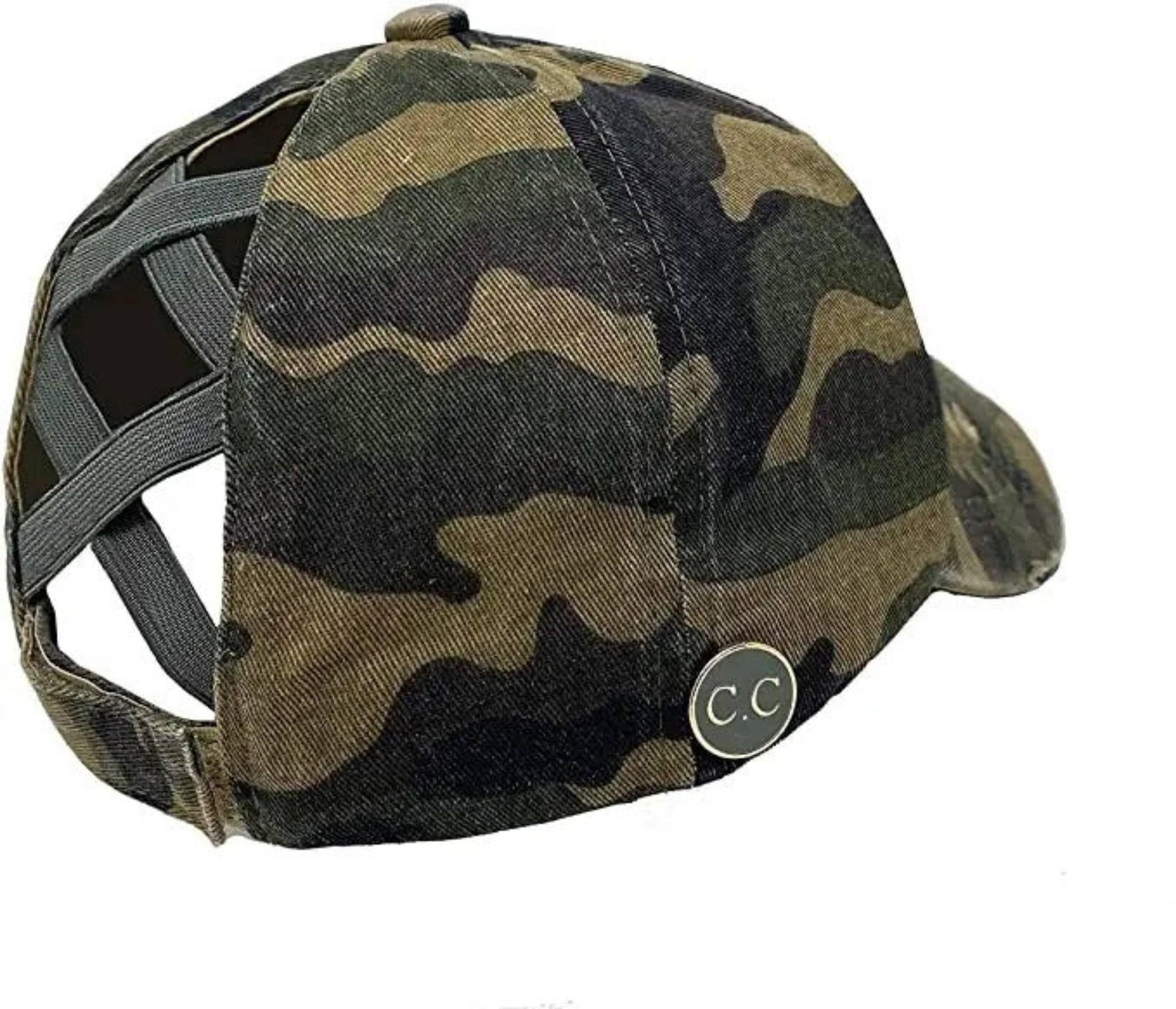Criss Cross High Ponytail Hat - Camo with Sunglass Buttons. Back view with crisscross elastics for multiple height pony tail. - Little Gift Nook