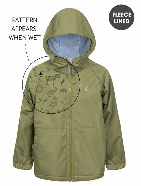 Splashmagic Storm Olive Waterproof Rain Jacket Raincoat. Waterproof with fun animal print that appears when wet.- Little Gift Nook