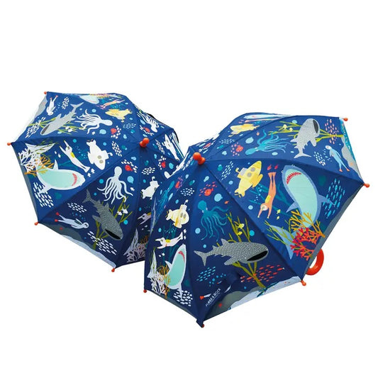Color Changing Deep Sea Umbrella. Blue with sea animal print. Changes color when wet. - Little Gift Nook