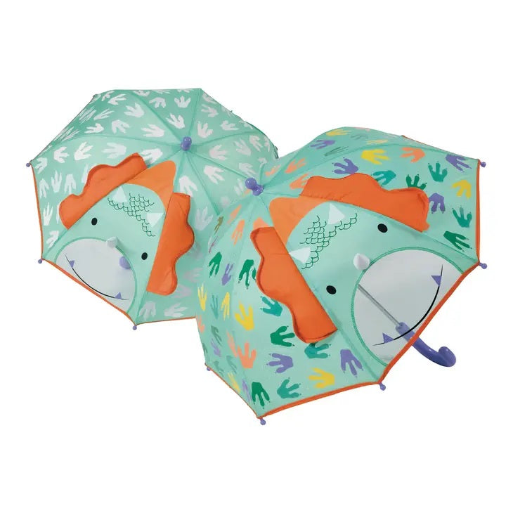 Color Changing 3D Dinosaur Umbrella. Green and orange dinosaur umbrella with peek through window and paw prints that change color when wet. - Little Gift Nook