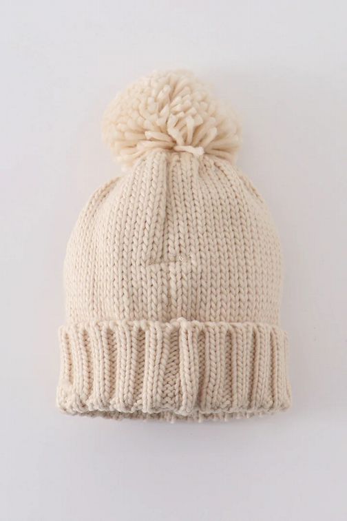 Back of Cream Knit Heart Beanie Pom Pom Baby Hat - Little Gift Nook