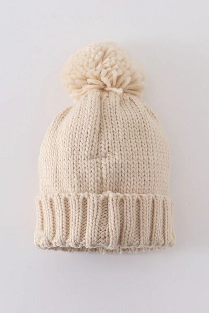 Back of Cream Knit Heart Beanie Pom Pom Baby Hat - Little Gift Nook