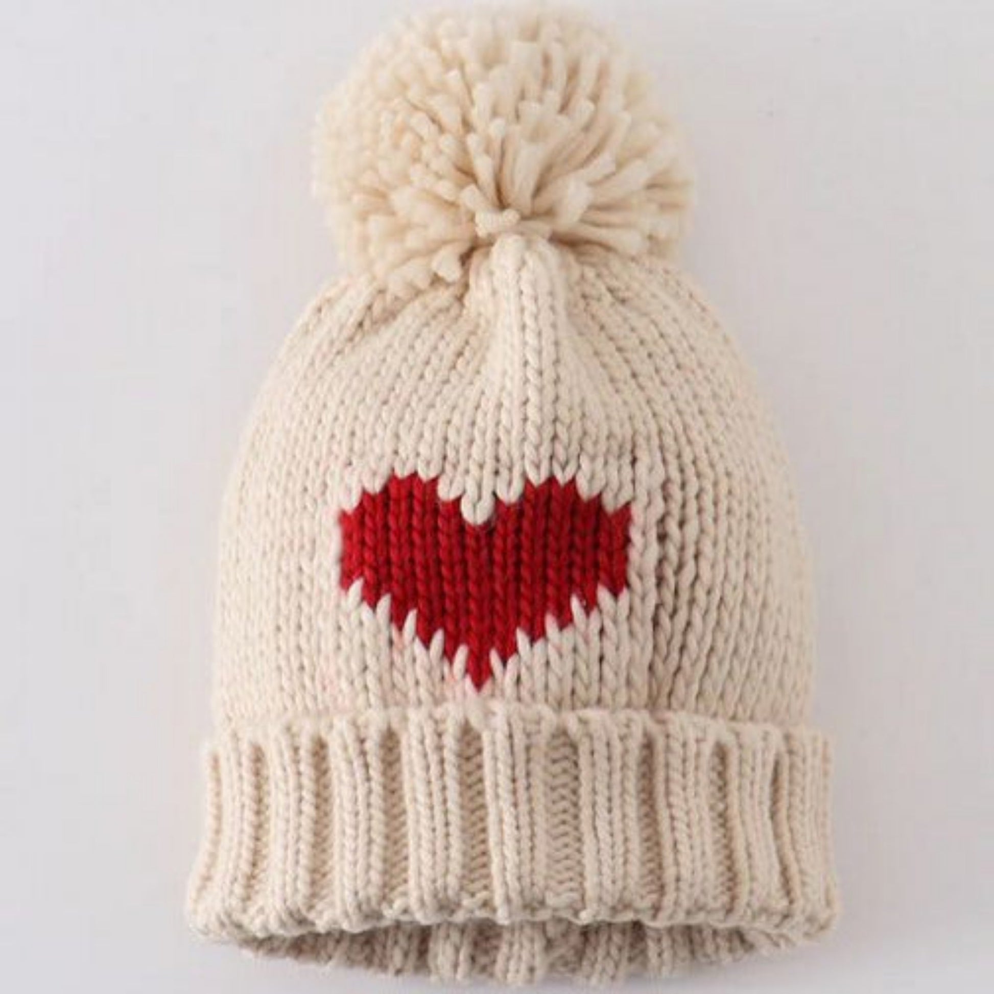 Cream Knit Red Heart Beanie Pom Pom Baby Hat for baby- Little Gift Nook