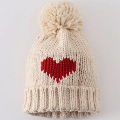 Cream Knit Red Heart Beanie Pom Pom Baby Hat for baby- Little Gift Nook