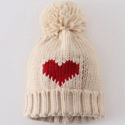 Cream Knit Red Heart Beanie Pom Pom Baby Hat for baby- Little Gift Nook
