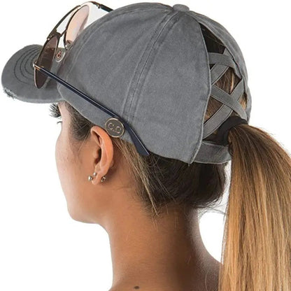 Criss Cross High Ponytail Cap Hat with Sunglass Buttons in Gray - Little Gift Nook
