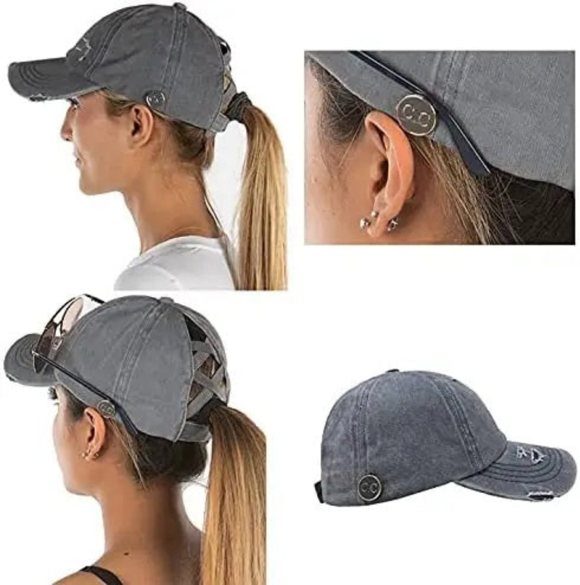 Crisscross High Ponytail Cap Hat with Sunglass Buttons in Gray - Little Gift Nook