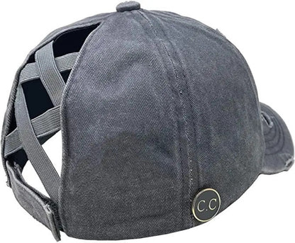Crisscross High Ponytail Cap Hat with Sunglass Buttons in Gray. Back side view with sunglasses clip and crisscross elastics for different height ponytail.  - Little Gift Nook