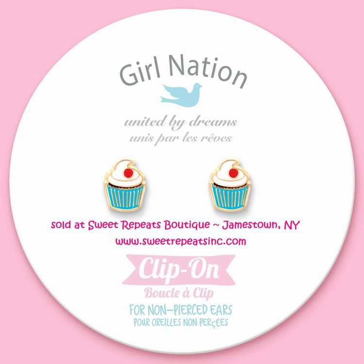 Cupcake Cutie Lead Free Clip On Earrings on card.  Chocolate cupcake with white icing, cherry, & blue wrapper. - Little Gift Nook