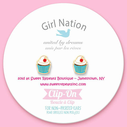 Cupcake Cutie Lead Free Clip On Earrings on card.  Chocolate cupcake with white icing, cherry, & blue wrapper. - Little Gift Nook