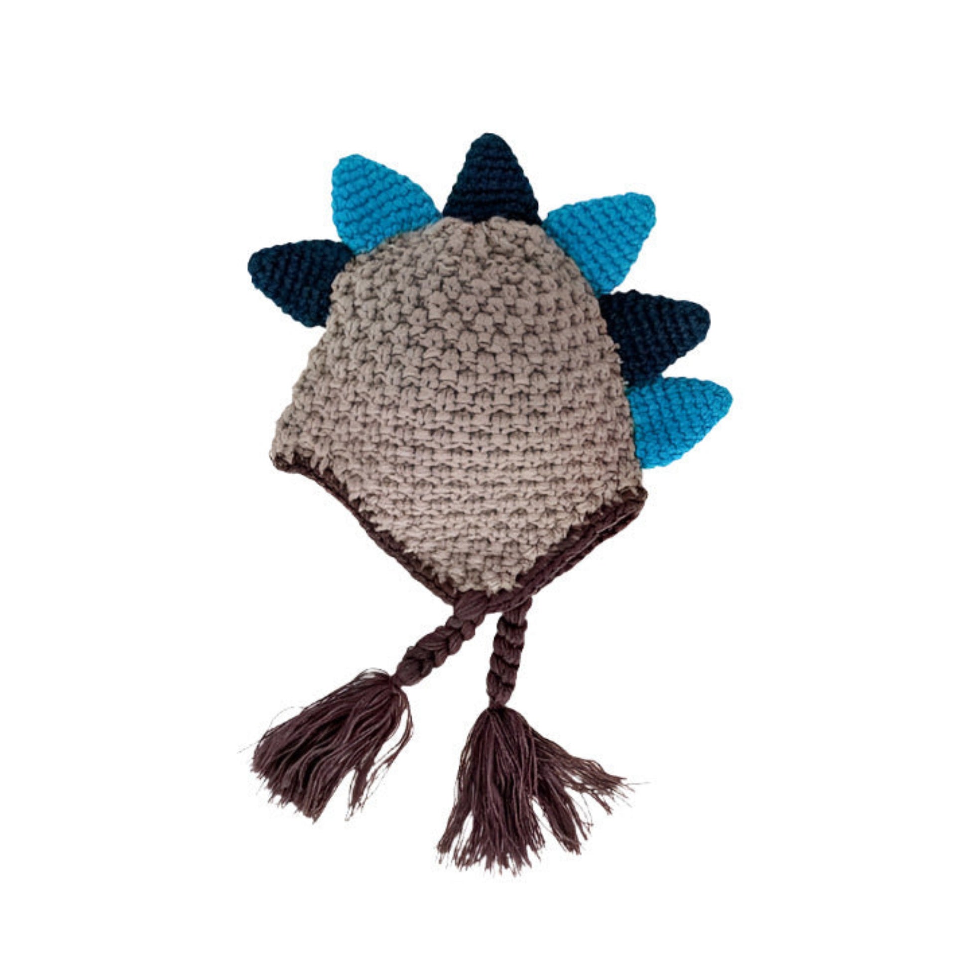 Dinosaur knit Beanie Hat for Baby. Gray teal green knit beanie hat with small braided tassels and dino plates or spikes at top.  - Little Gift Nook