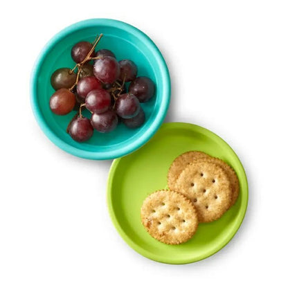 GoSili Silicone Bowl and Plate Set – holding grapes in bow and crackers on plate that is also the lid - Microwave Safe, Airtight Food Storage, BPA-Freee - Little Gift Nook