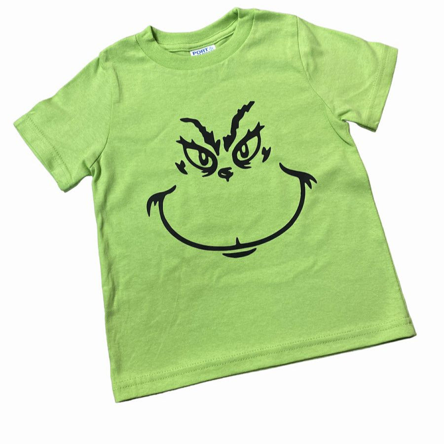 Green Grinch T-shirts Toddler Sizes. Green tshirt with black grinch face on. - Little Gift Nook