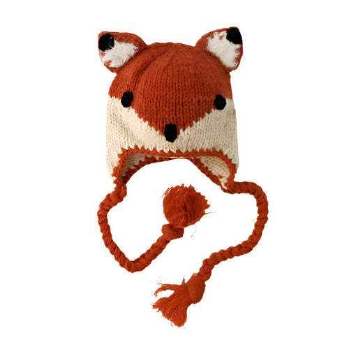 Hand knit orange cream fox baby hat with braided ties and ear flaps. 