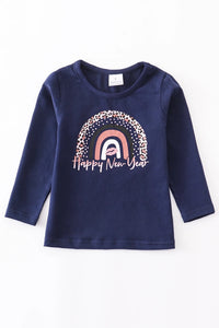 Happy New Year Navy Rainbow Sparkle Top sz 8