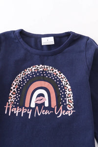 Happy New Year Navy Rainbow Sparkle Top sz 8