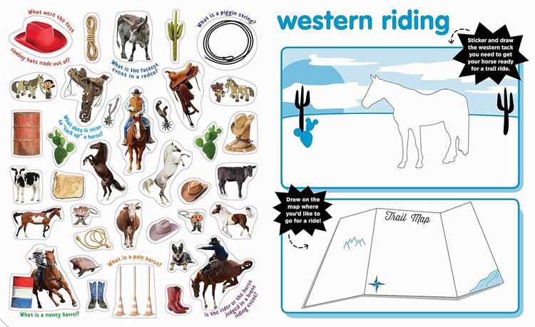 Peel & Discover Horses Sticker Activity Book. Western Riding. Sticker page of horses, cowboy hats, saddles, etc.  Page of horse outline to dress and design.   - Little Gift Noo