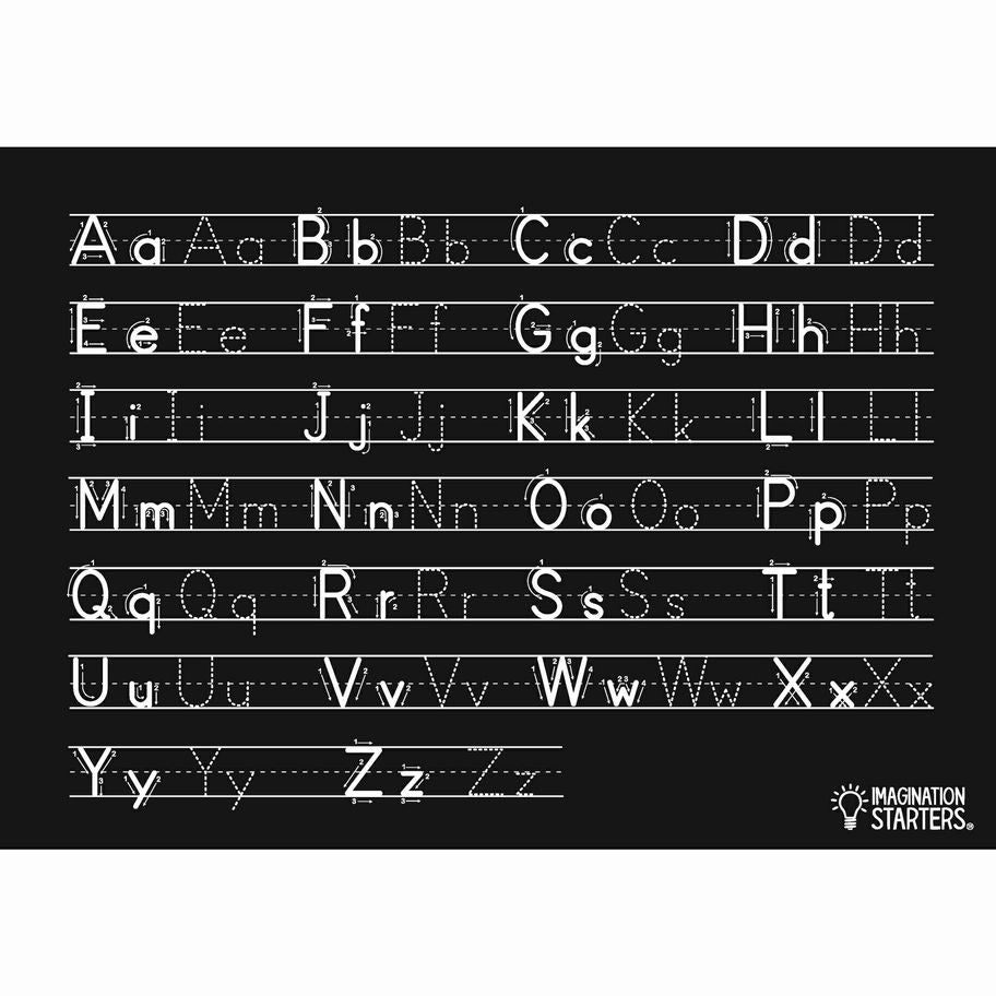 Imagination Starters Reusable Letters Practice Placemat. Black plastic placemat with white upper and lower case and dotted lines to practice writing letters.- Little Gift Nook