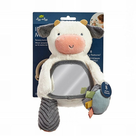 Itzy Ritzy New Itzy Bitzy Mirror Cow Texture Baby Toy. Soft Plush white and gray textured cow with mirror on tummy. - Little Gift Nook