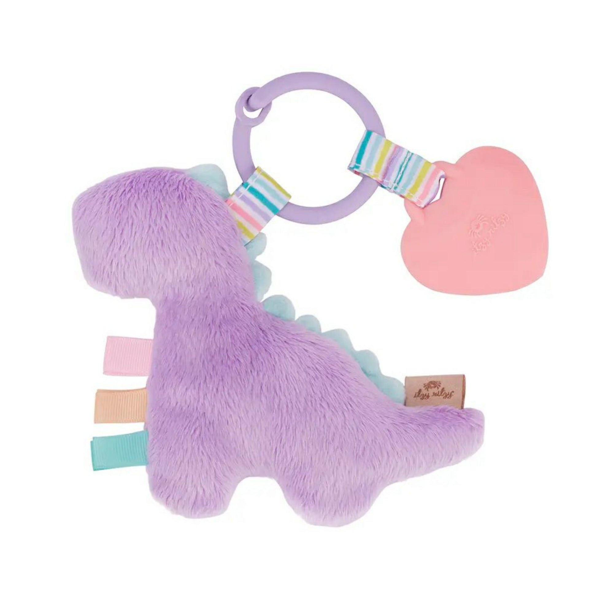 Lilac Dinosaur Itzy Pal Plush Teether back view of purple dinosaur and pink heart teether. - Little Gift Nook