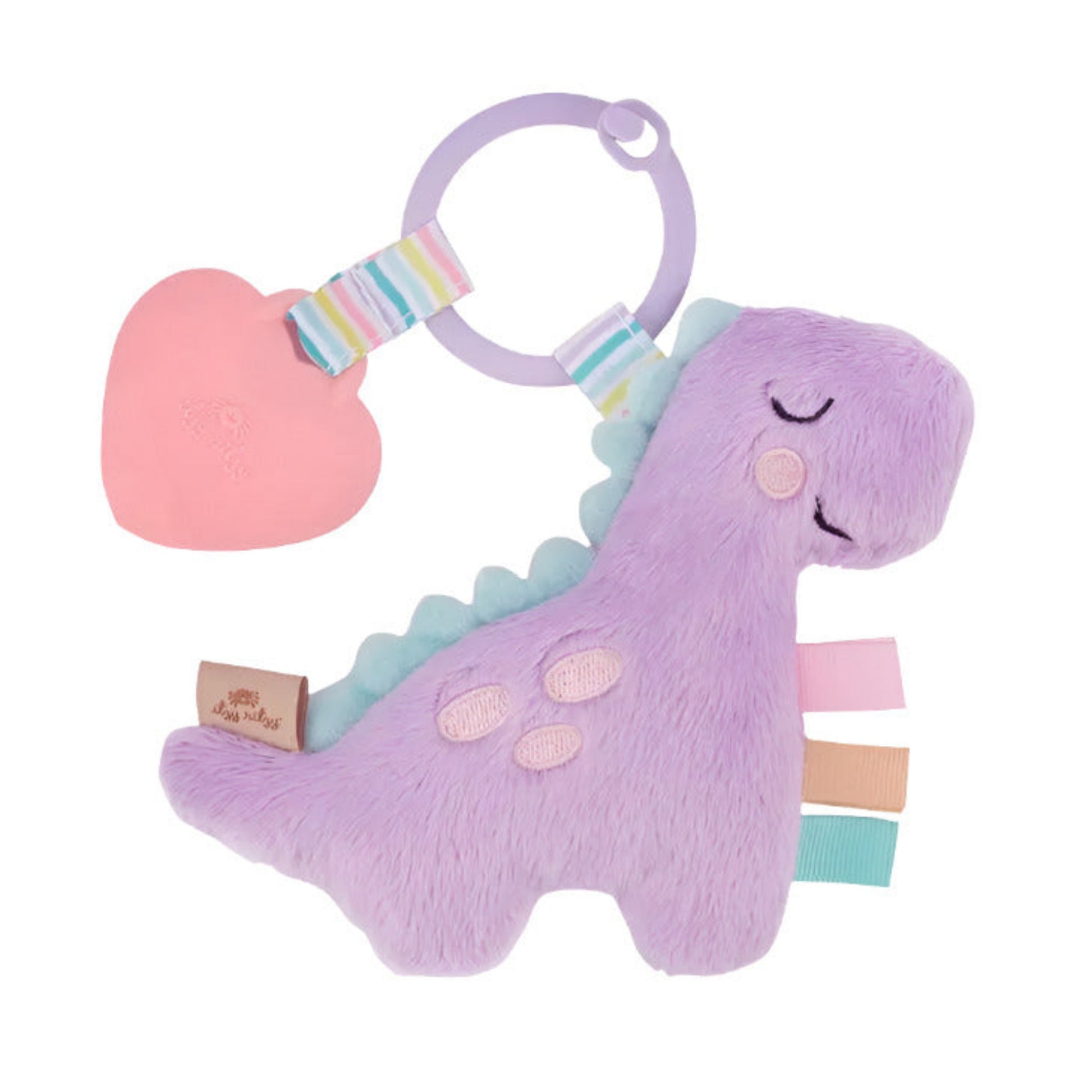 Lilac Dinosaur Itzy Pal Plush Teether. Purple plush textured dinosaur with taggies and pink heart silicone teether. - Little Gift Nook