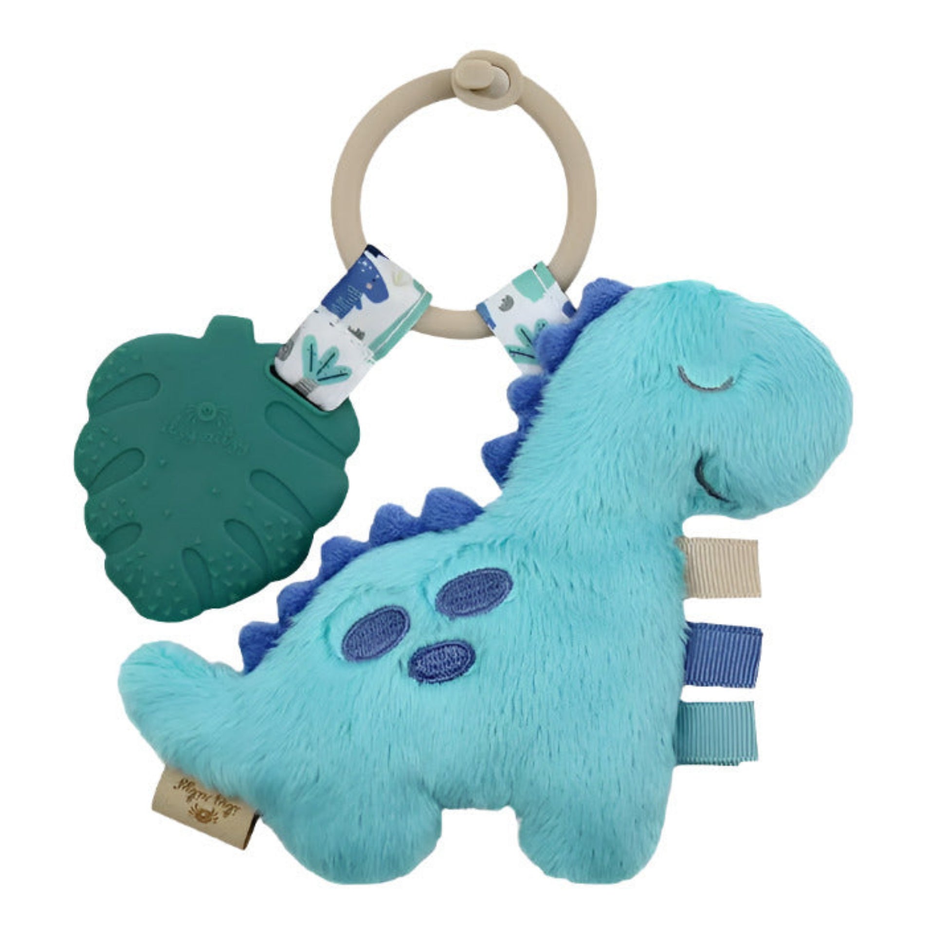 Teal Dinosaur Itzy Pal Plush Teether . Soft teal dino plush with taggies on side, clip ring, and silicone leaf teether in green.- Little Gift Nook