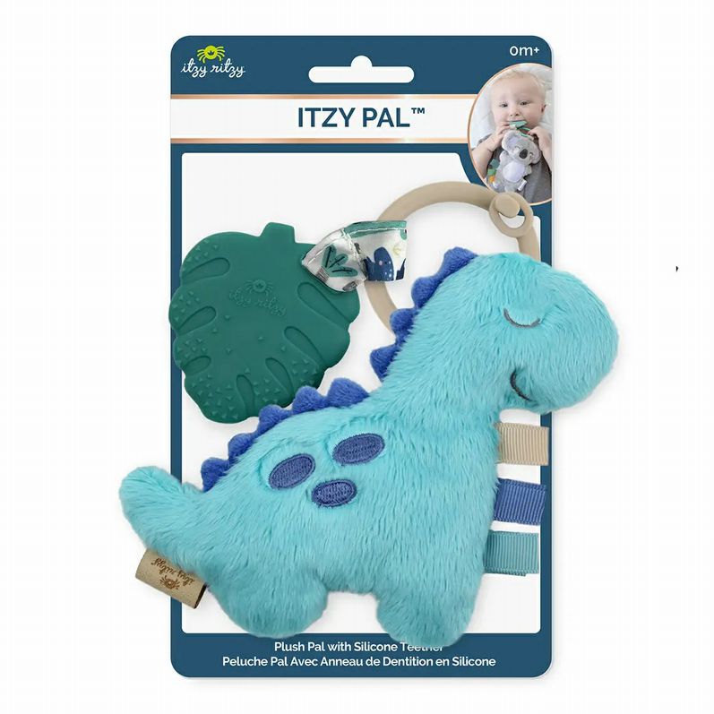 Teal Dinosaur Itzy Pal Plush Teether in package.- Little Gift Nook