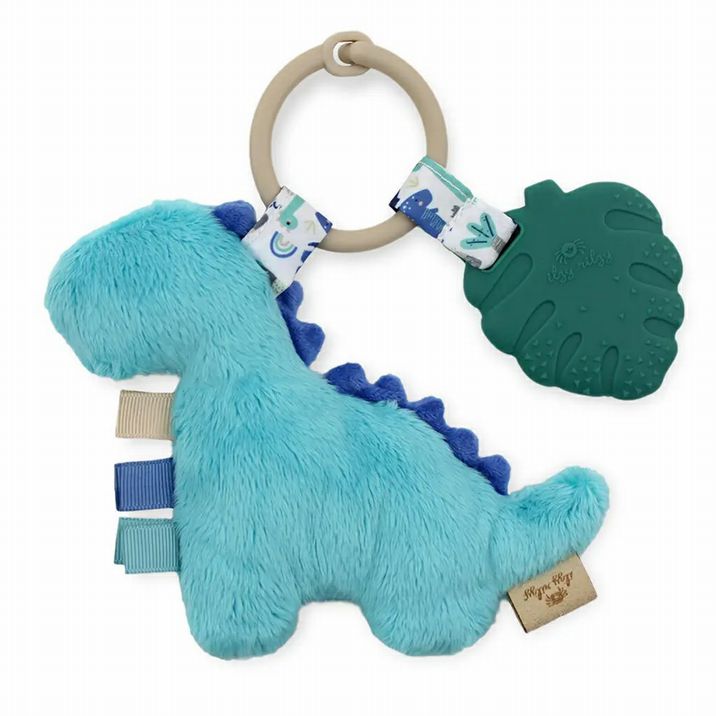 Teal Dinosaur Itzy Pal Plush Teether. Backside of teether toy. - Little Gift Nook