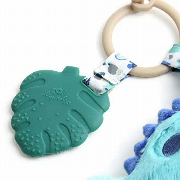 Teal Dinosaur Itzy Pal Plush Teether. Close up of silicone leaf teether part of unit. - Little Gift Nook